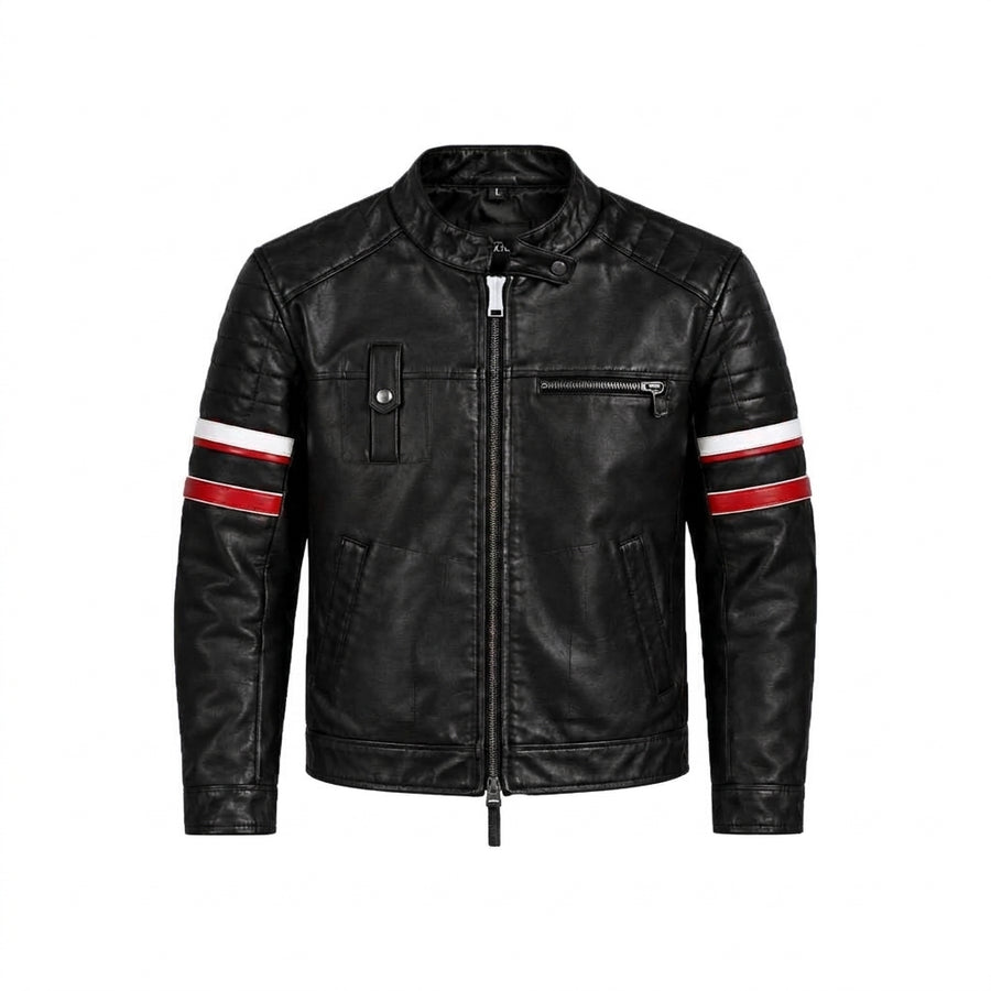 Black Leather Racing Stripe Jacket