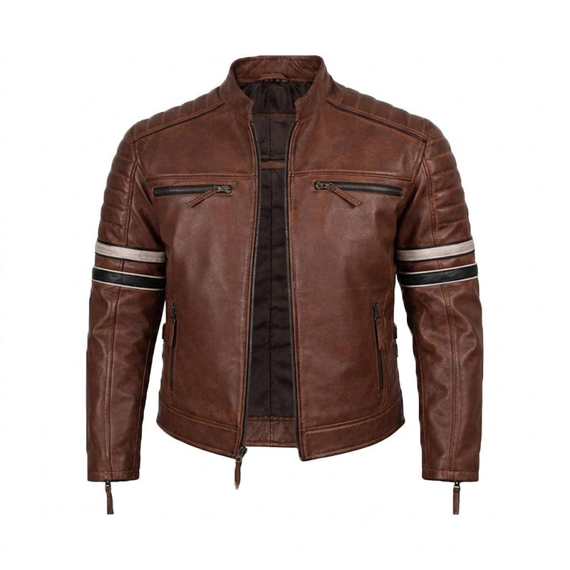 Brown Leather Racing Stripe Jacket