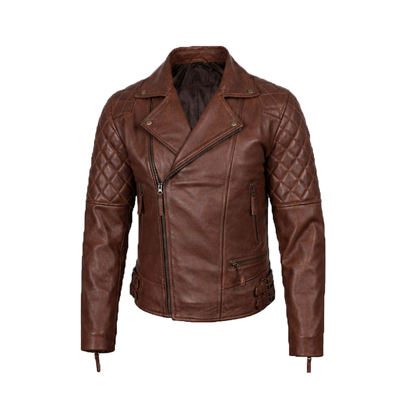 Brown Leather Biker Jacket with Quilted Sleeves