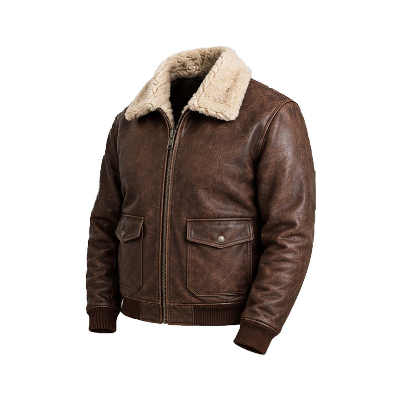 Brown Vintage-Style Shearling Biker Jacket