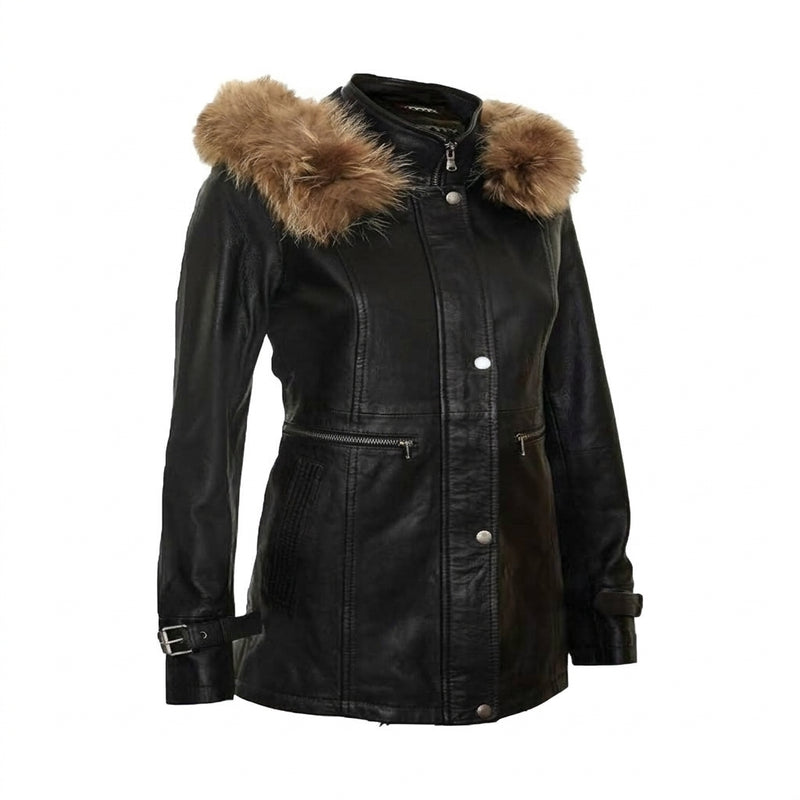 Black Leather Fur Collar Longline Jacket