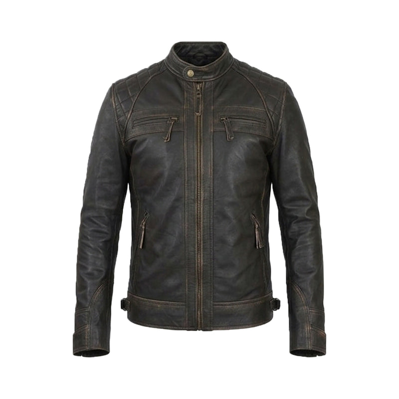 Black Vintage-Style Stand Collar Leather Jacket