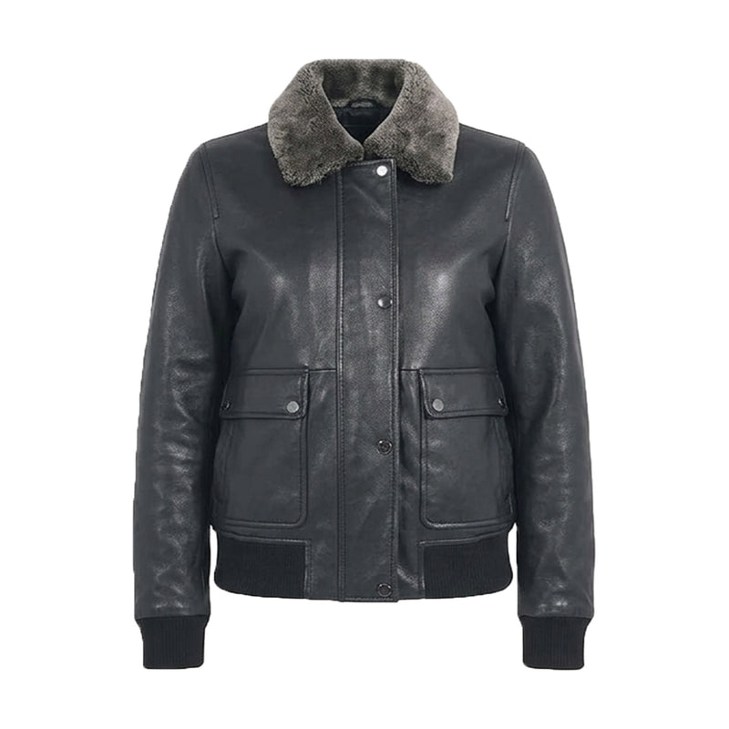 Women Black Leather Winter Bomber Jacket